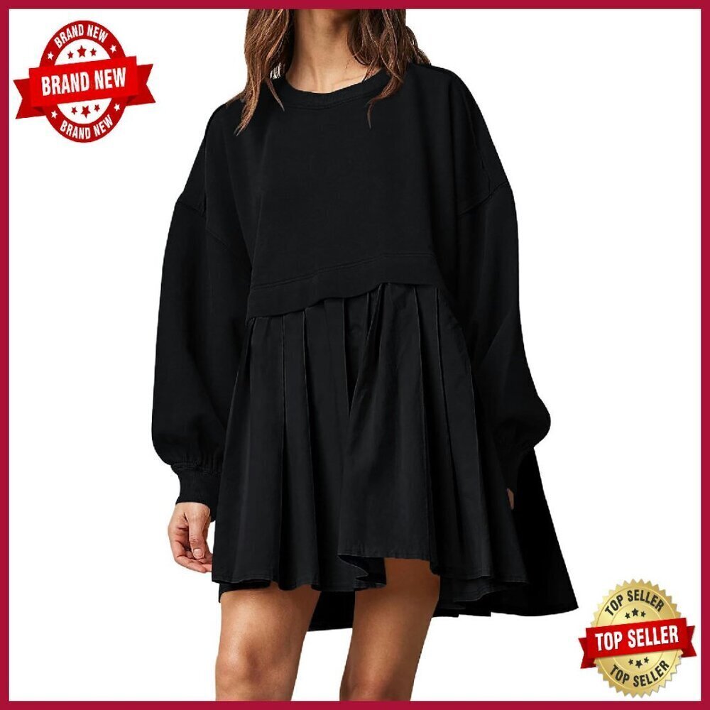 Oversized Sweatshirt Dress Crew Neck Long Sleeve Patchwork Pullover